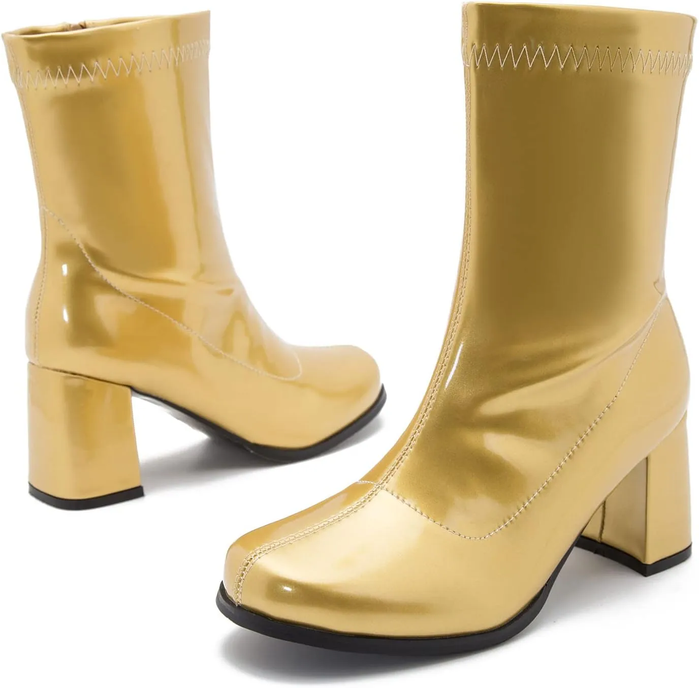 LIURUIJIA Women's Gogo Boots Mid Calf Block Heel Square Toe Zipper Boots Low Heel Short Booties