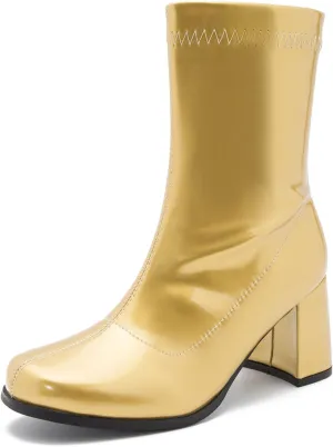 LIURUIJIA Women's Gogo Boots Mid Calf Block Heel Square Toe Zipper Boots Low Heel Short Booties