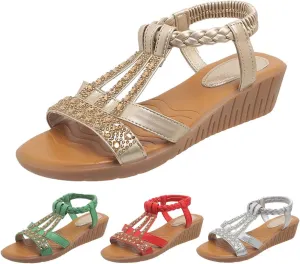 Low Wedge Sandals for Women Bohemia Beach Shoes Elastic Ankle Strap with Arch Support Slip On Open Toe Rhinestone Summer Comfortable Shoe