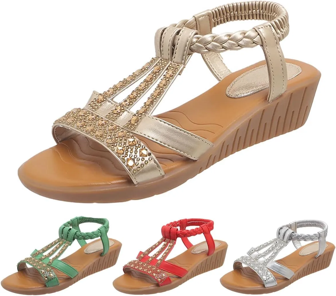 Low Wedge Sandals for Women Bohemia Beach Shoes Elastic Ankle Strap with Arch Support Slip On Open Toe Rhinestone Summer Comfortable Shoe