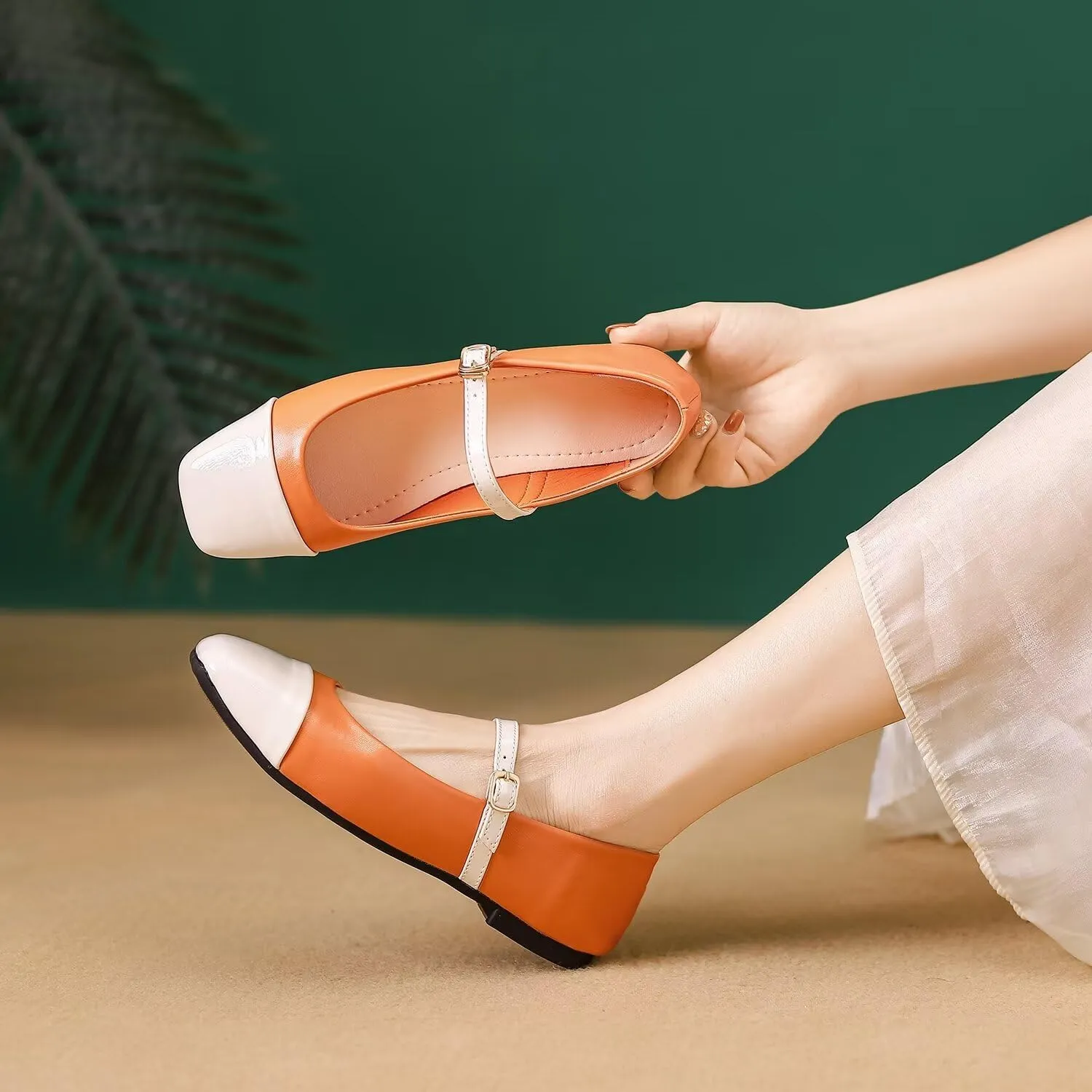LUXINYU Mary Jane Flats for Women Dressy Retro Square Toe Ankle Strap Ballet Flats Comfortable Patent Leather Shoes