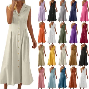 Maxi Dresses for Women 2025 Button Down Cotton Linen Dress Sleeveless Drop Waist Long Vacation Beach Sundresses