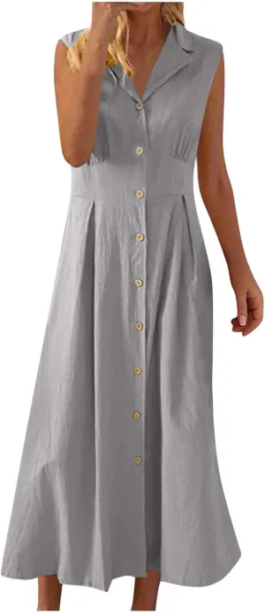 Maxi Dresses for Women 2025 Button Down Cotton Linen Dress Sleeveless Drop Waist Long Vacation Beach Sundresses