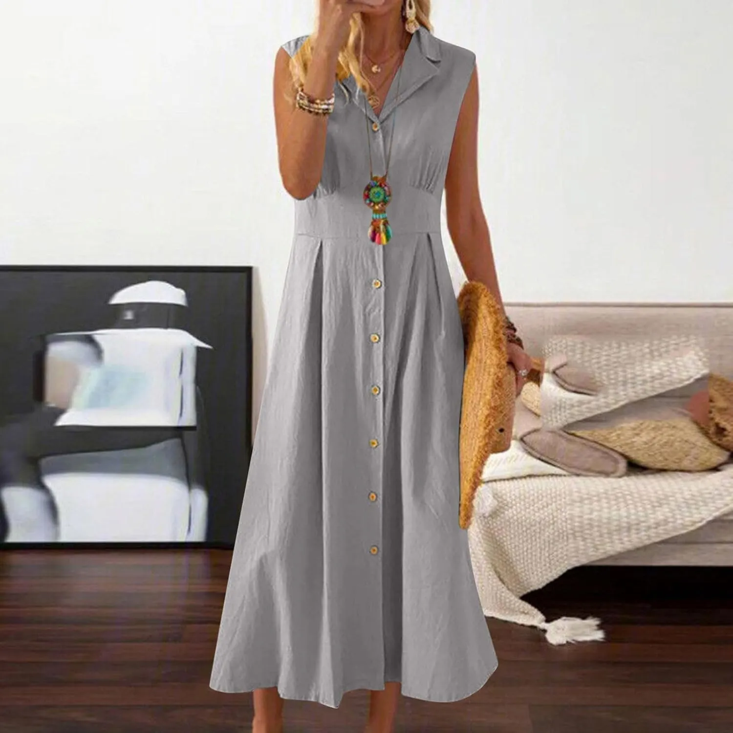 Maxi Dresses for Women 2025 Button Down Cotton Linen Dress Sleeveless Drop Waist Long Vacation Beach Sundresses