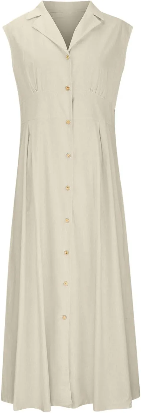 Maxi Dresses for Women 2025 Button Down Cotton Linen Dress Sleeveless Drop Waist Long Vacation Beach Sundresses
