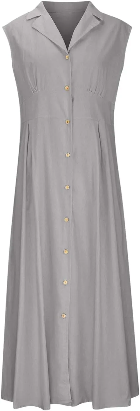 Maxi Dresses for Women 2025 Button Down Cotton Linen Dress Sleeveless Drop Waist Long Vacation Beach Sundresses