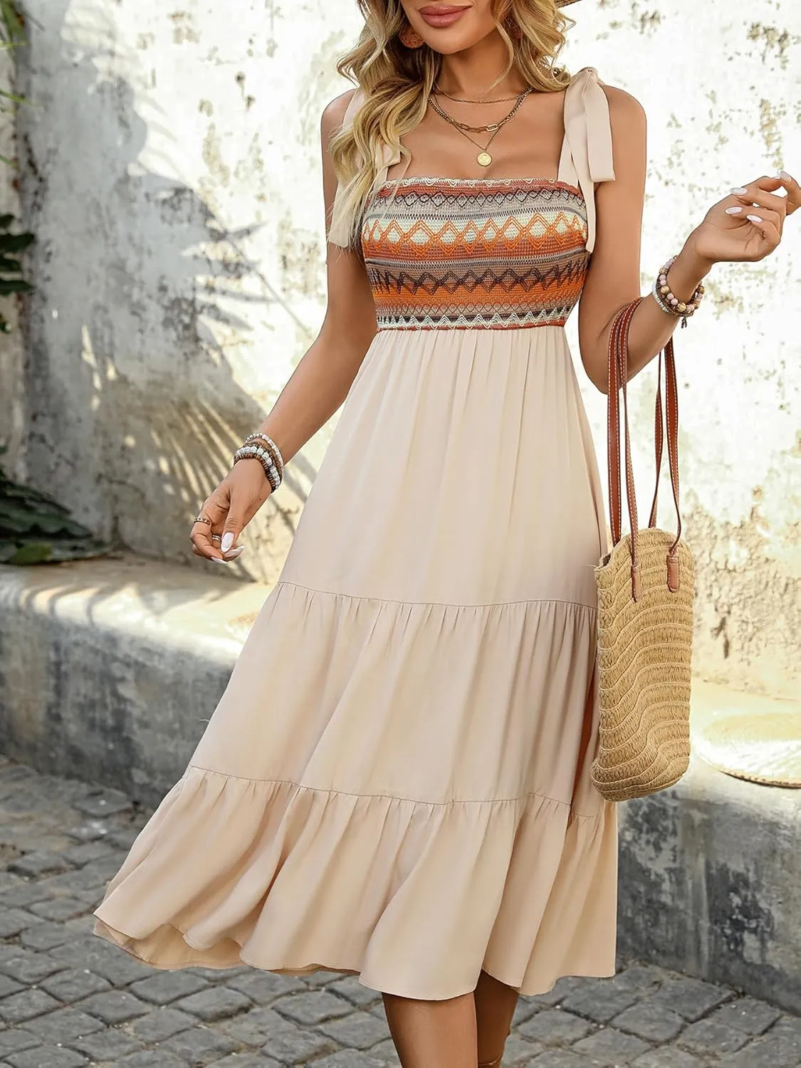Melliflo Womens Boho Embroidery Patchwork Summer Tiered Midi Dress Square Neck Tie Shoulder Flowy Summer Sundresses