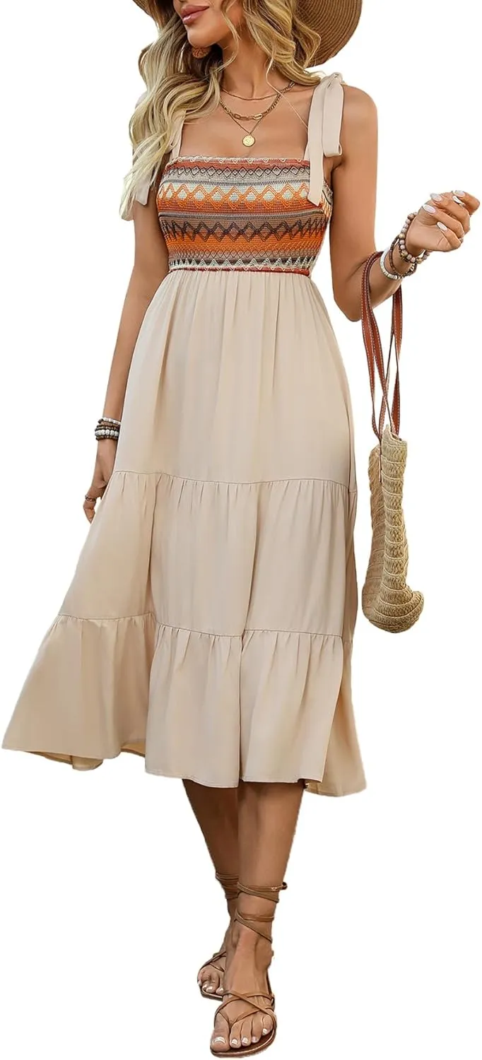 Melliflo Womens Boho Embroidery Patchwork Summer Tiered Midi Dress Square Neck Tie Shoulder Flowy Summer Sundresses