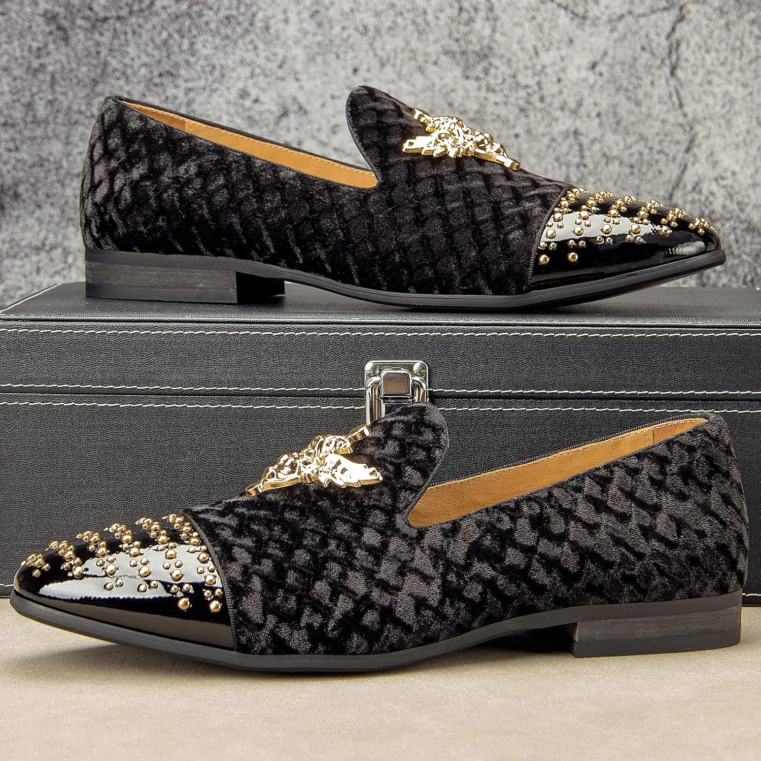 Men Genuine Leather Mens Metallic Textured Slip-on Glitter Loafers Shoes