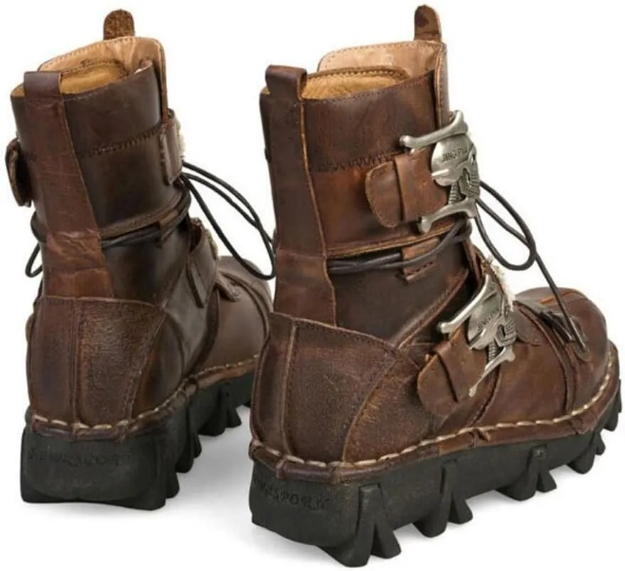 Mens Brown Genuine Leather Military Army Boots Gothic Skull Punk Motorcycle