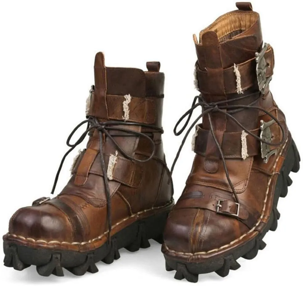Mens Brown Genuine Leather Military Army Boots Gothic Skull Punk Motorcycle