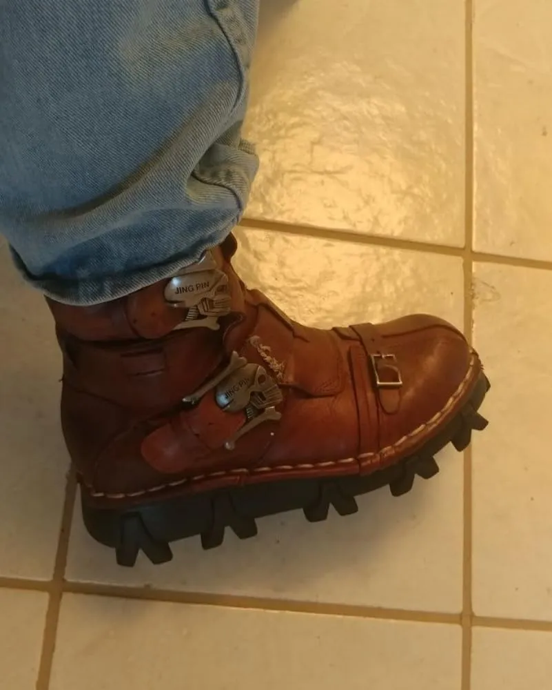 Mens Brown Genuine Leather Military Army Boots Gothic Skull Punk Motorcycle