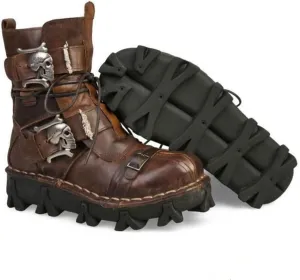 Mens Brown Genuine Leather Military Army Boots Gothic Skull Punk Motorcycle