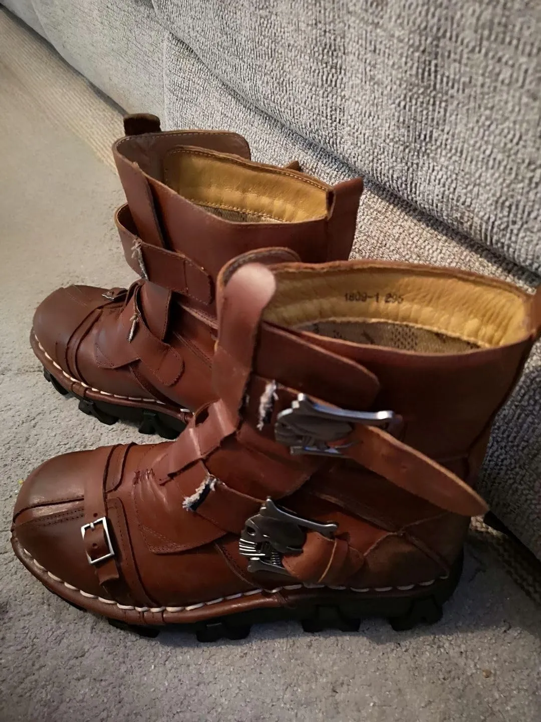 Mens Brown Genuine Leather Military Army Boots Gothic Skull Punk Motorcycle