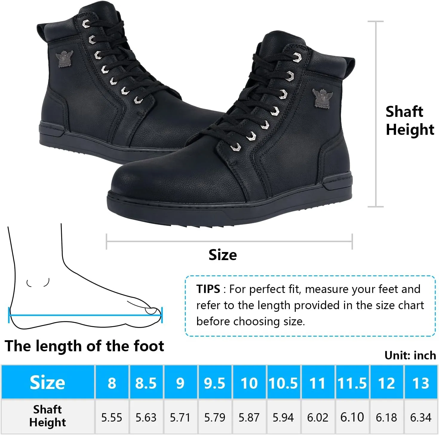 Men's Casual Boot PU Leather Combat Boots For Men Waterproof Motorcycle Boots For Biker Hiking with Lace-Up Side Zipper