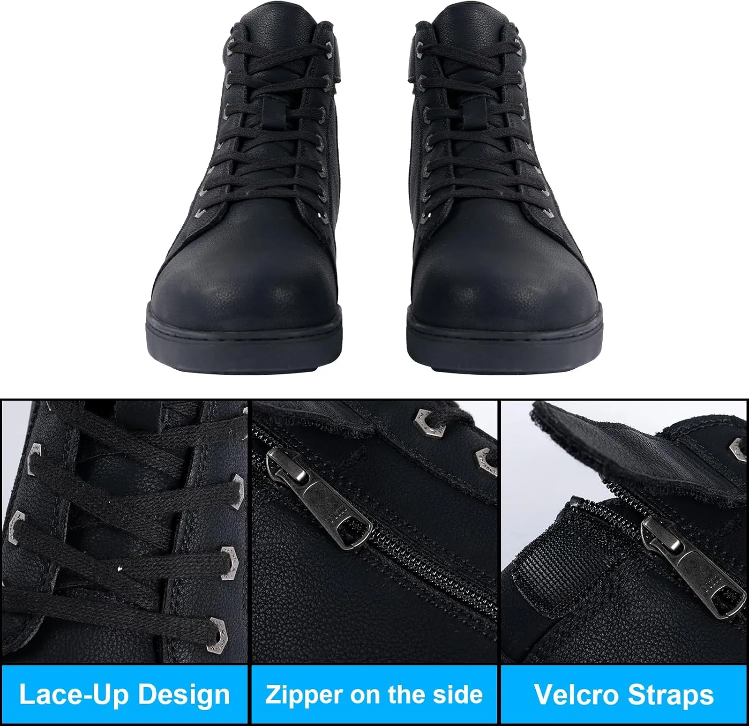 Men's Casual Boot PU Leather Combat Boots For Men Waterproof Motorcycle Boots For Biker Hiking with Lace-Up Side Zipper