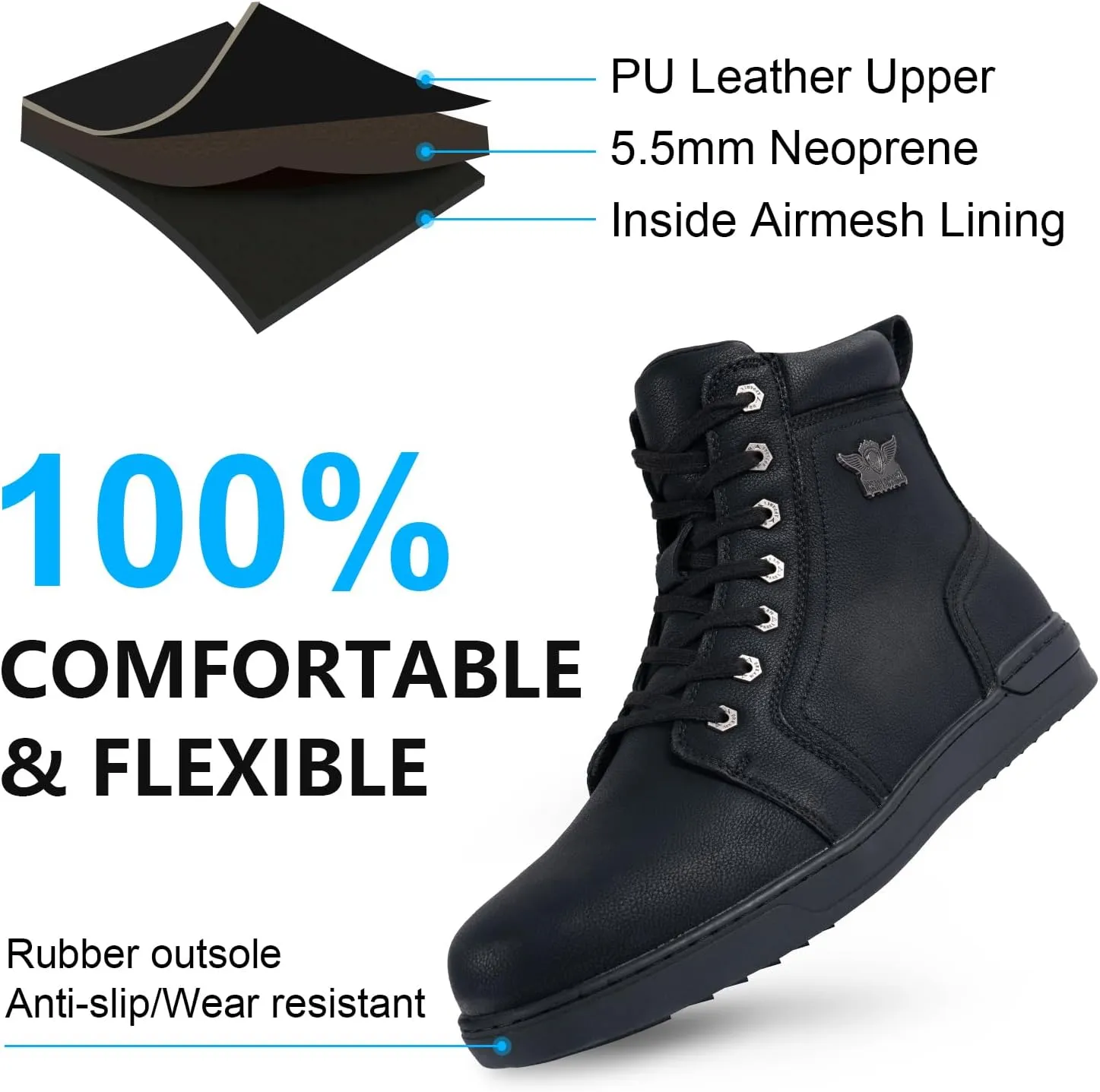 Men's Casual Boot PU Leather Combat Boots For Men Waterproof Motorcycle Boots For Biker Hiking with Lace-Up Side Zipper