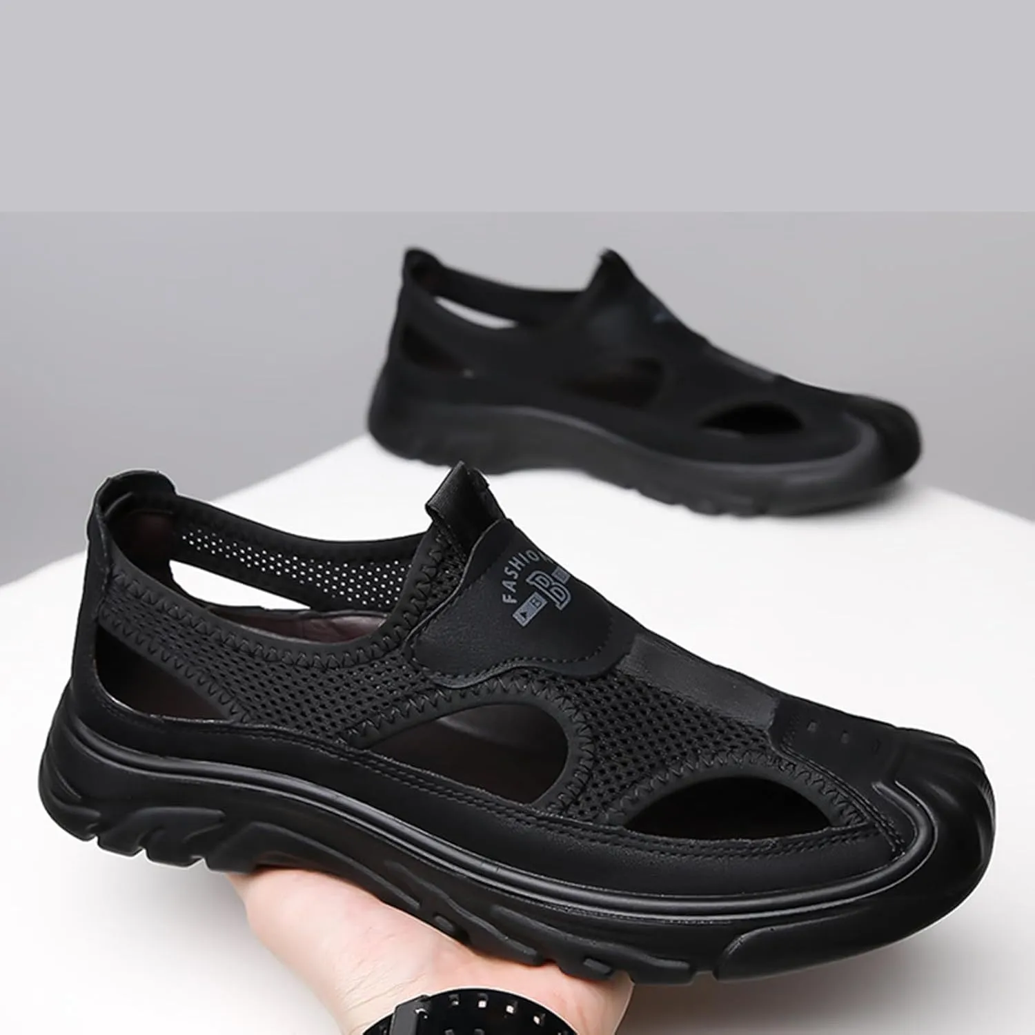 Men'S Casual Closed-Toe Hollow Out Beach Sandals,Breathable Mesh Slip-On Hiking Wading Sandals,For Outdoor Athletic Summer Lightweight Walking Shoes