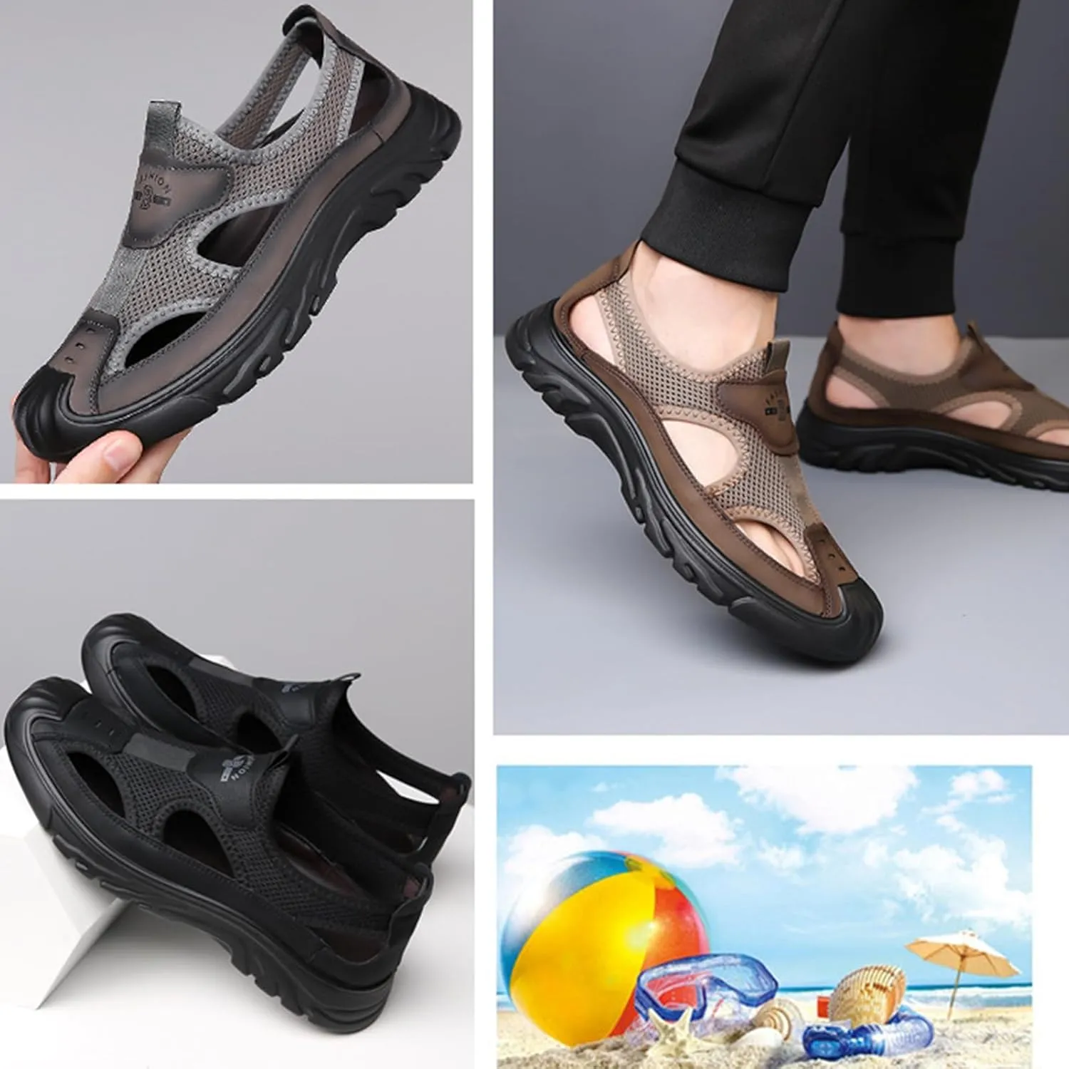 Men'S Casual Closed-Toe Hollow Out Beach Sandals,Breathable Mesh Slip-On Hiking Wading Sandals,For Outdoor Athletic Summer Lightweight Walking Shoes