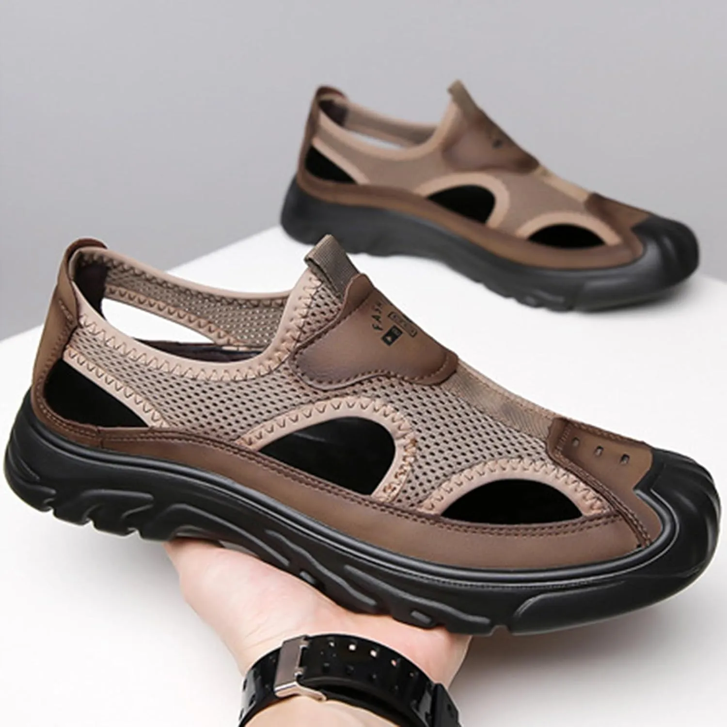 Men'S Casual Closed-Toe Hollow Out Beach Sandals,Breathable Mesh Slip-On Hiking Wading Sandals,For Outdoor Athletic Summer Lightweight Walking Shoes
