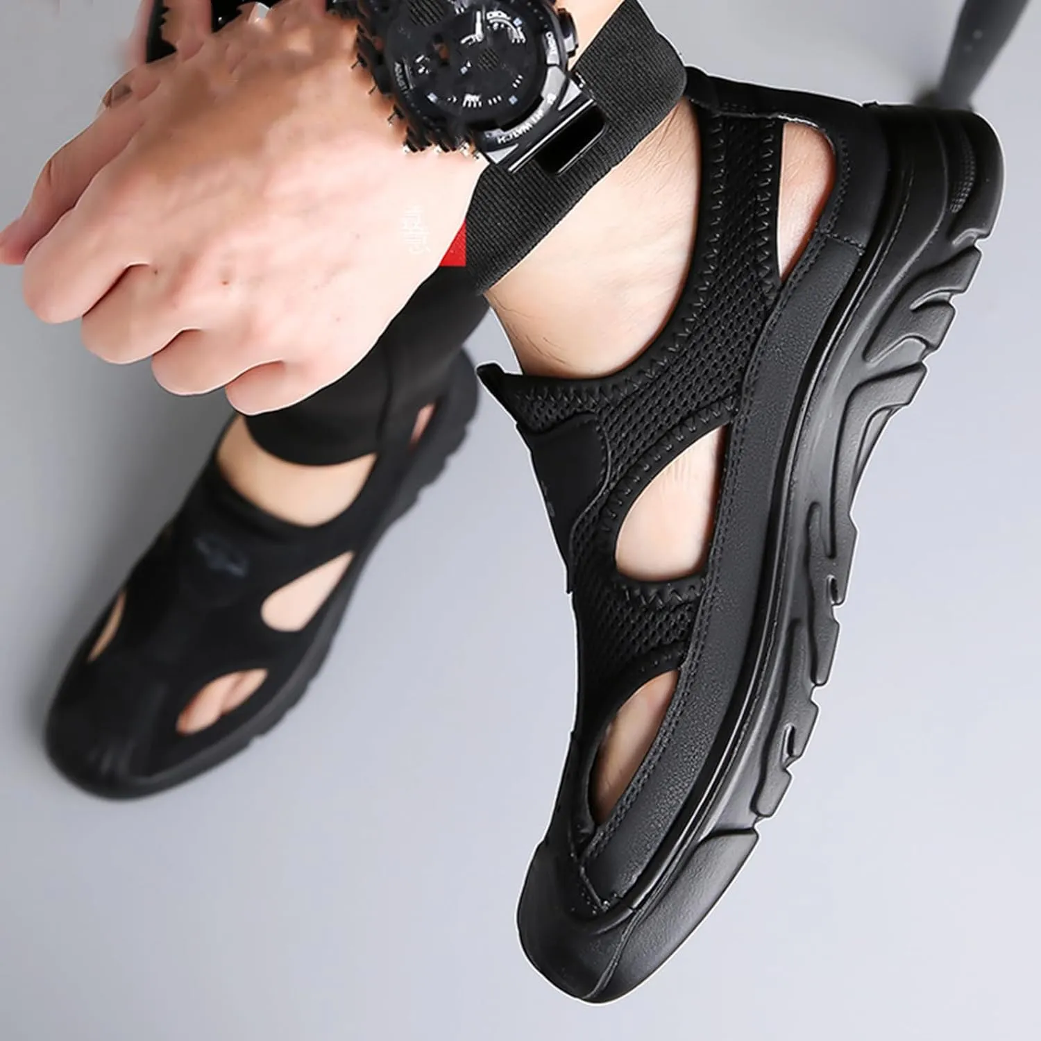 Men'S Casual Closed-Toe Hollow Out Beach Sandals,Breathable Mesh Slip-On Hiking Wading Sandals,For Outdoor Athletic Summer Lightweight Walking Shoes