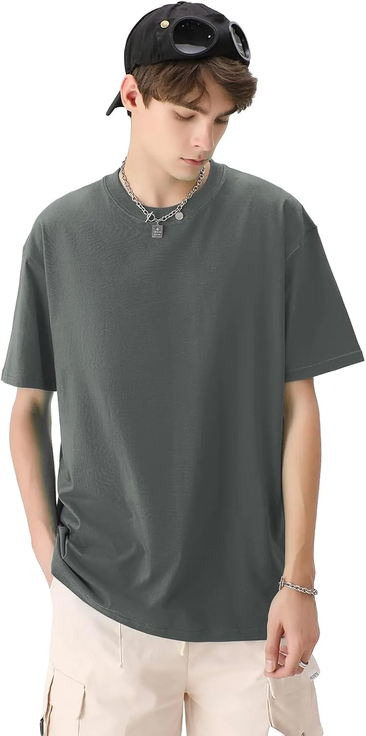 Men's Cotton T-Shirts Oversized Unisex Short Sleeve Crew Neck Loose Basic Tops Solid Athletic Tee