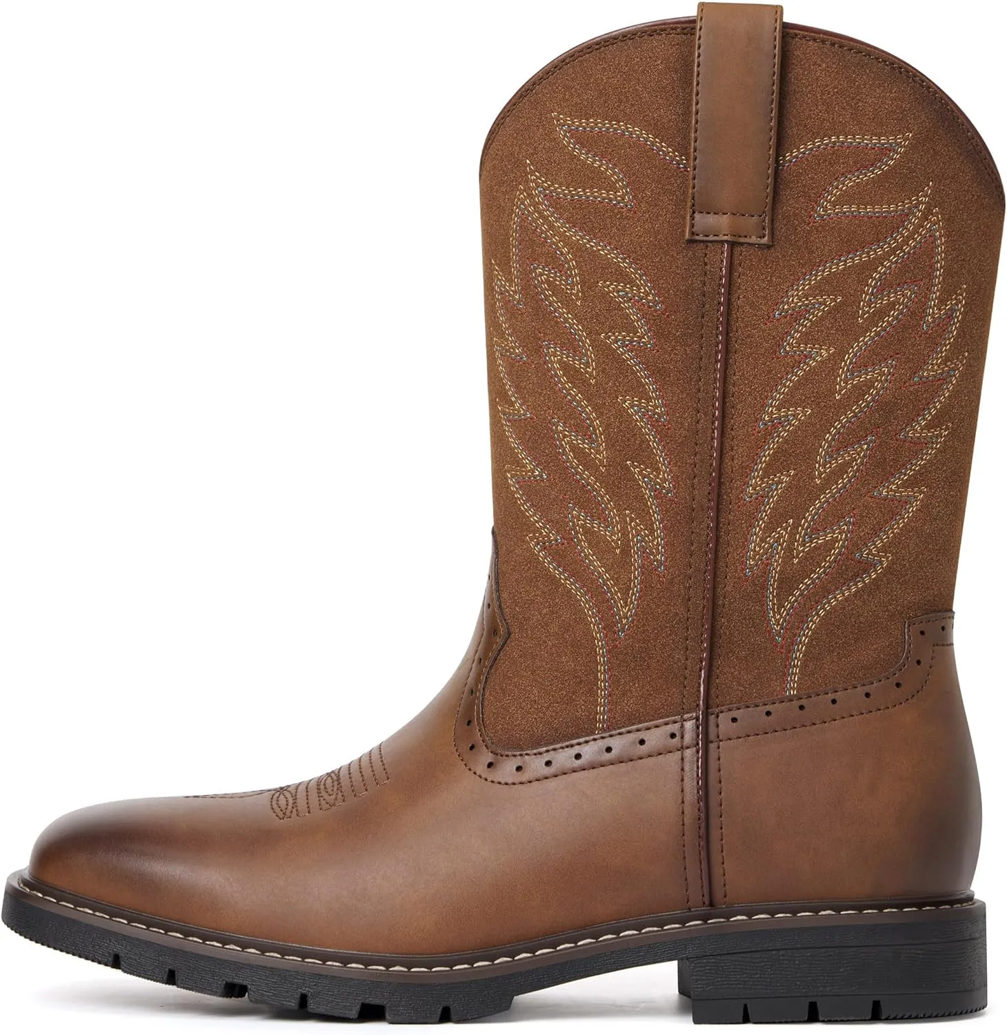 Men's Cowboy Boots - Western Boots Square Toe,Slip Resistant,Retro Embroidered Design,Slip on Chunky Heel Country Boot