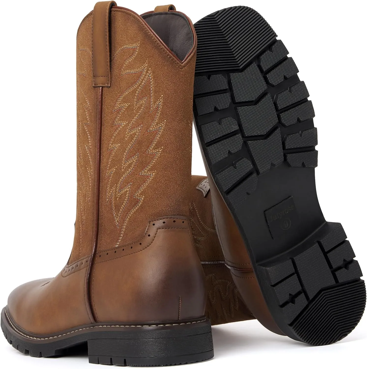 Men's Cowboy Boots - Western Boots Square Toe,Slip Resistant,Retro Embroidered Design,Slip on Chunky Heel Country Boot