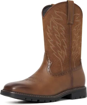 Men's Cowboy Boots - Western Boots Square Toe,Slip Resistant,Retro Embroidered Design,Slip on Chunky Heel Country Boot