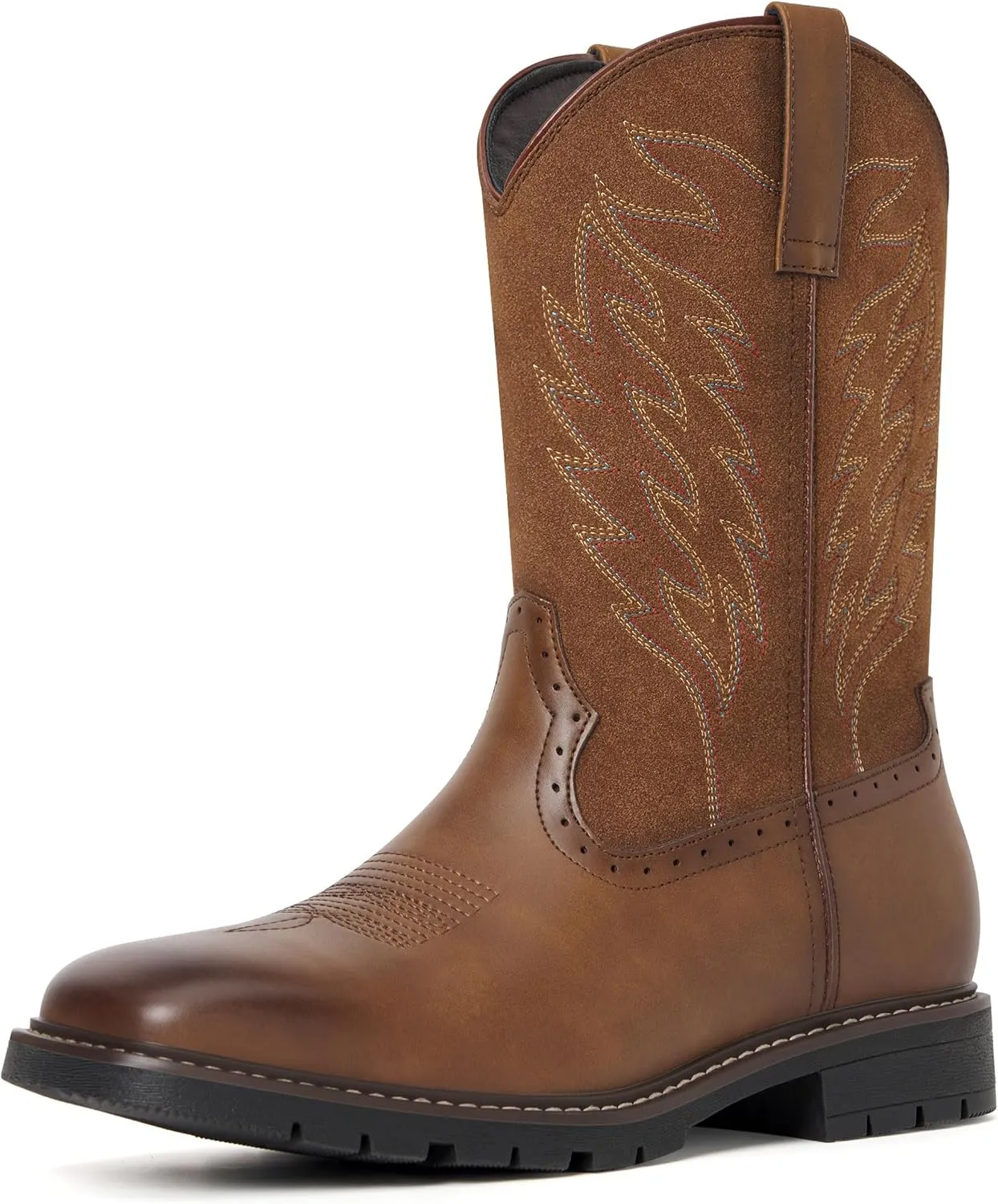 Men's Cowboy Boots - Western Boots Square Toe,Slip Resistant,Retro Embroidered Design,Slip on Chunky Heel Country Boot