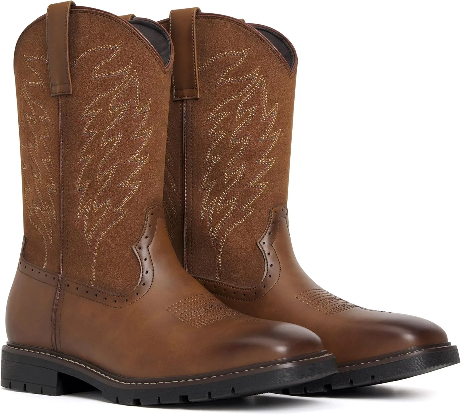 Men's Cowboy Boots - Western Boots Square Toe,Slip Resistant,Retro Embroidered Design,Slip on Chunky Heel Country Boot