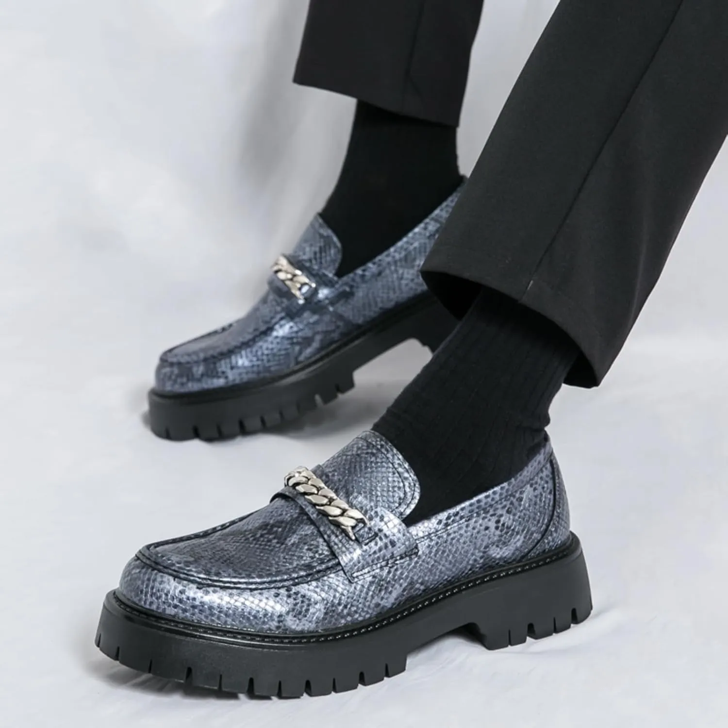 Men's Fashion Textured Leather Lug Sole Platform Comfort Slip - On Loafers Dress Shoes