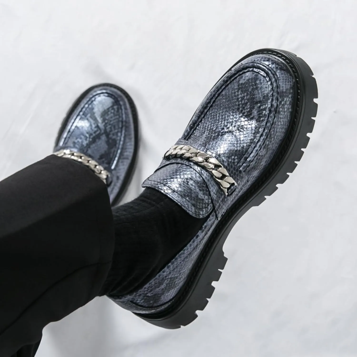 Men's Fashion Textured Leather Lug Sole Platform Comfort Slip - On Loafers Dress Shoes