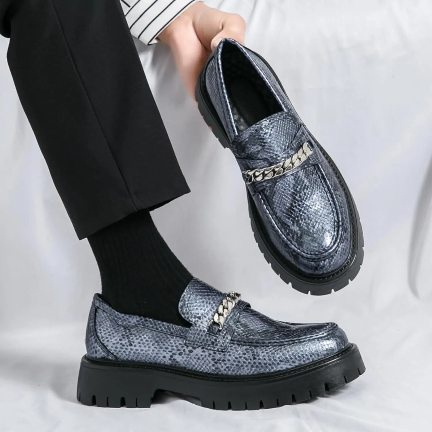 Men's Fashion Textured Leather Lug Sole Platform Comfort Slip - On Loafers Dress Shoes