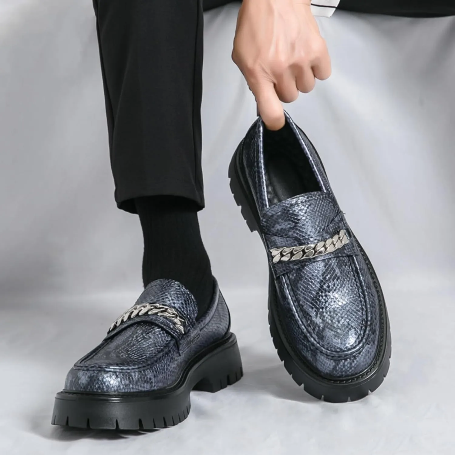 Men's Fashion Textured Leather Lug Sole Platform Comfort Slip - On Loafers Dress Shoes
