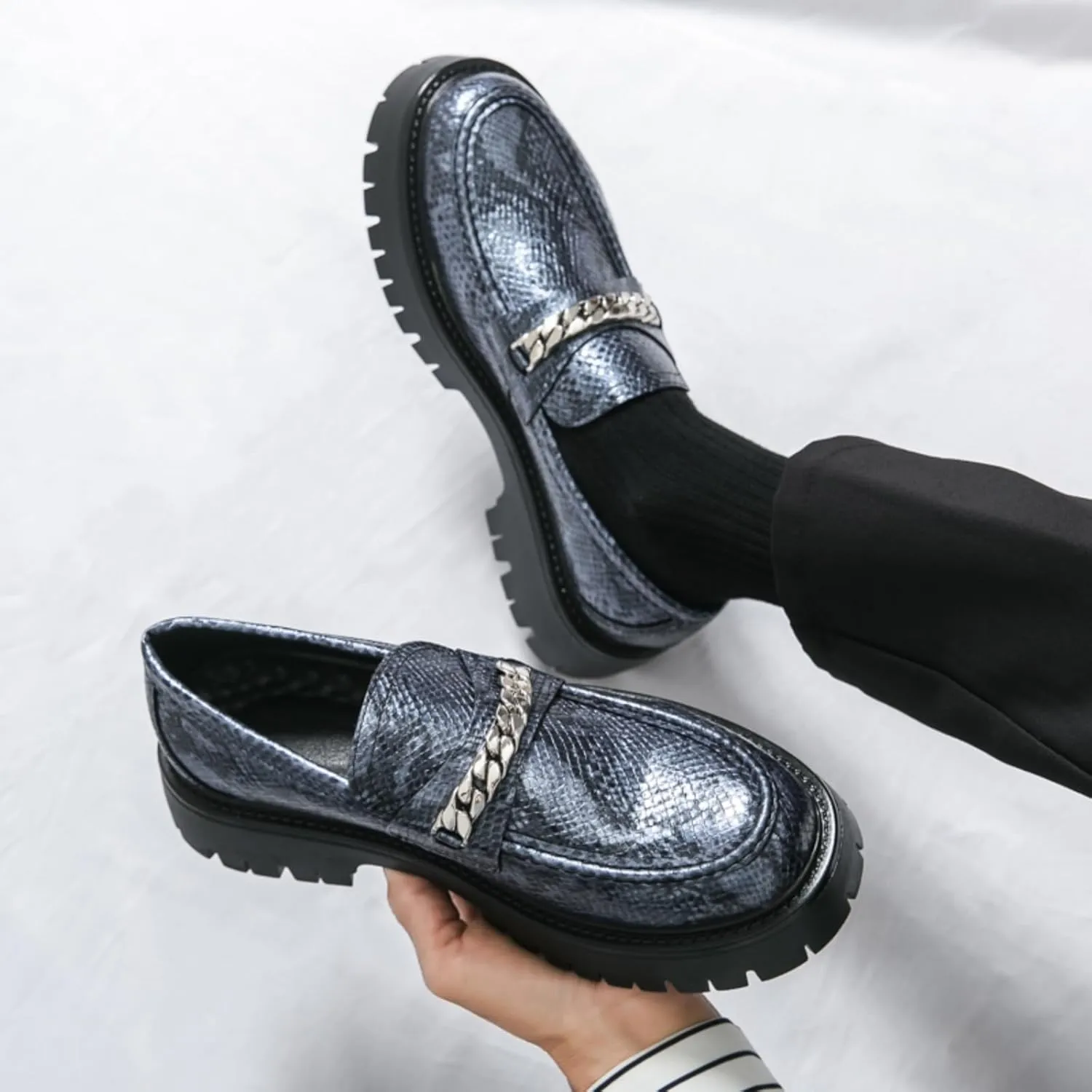 Men's Fashion Textured Leather Lug Sole Platform Comfort Slip - On Loafers Dress Shoes