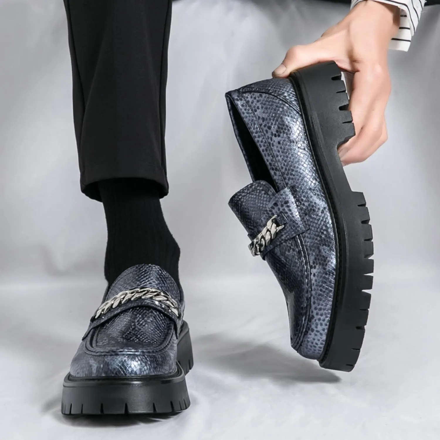 Men's Fashion Textured Leather Lug Sole Platform Comfort Slip - On Loafers Dress Shoes