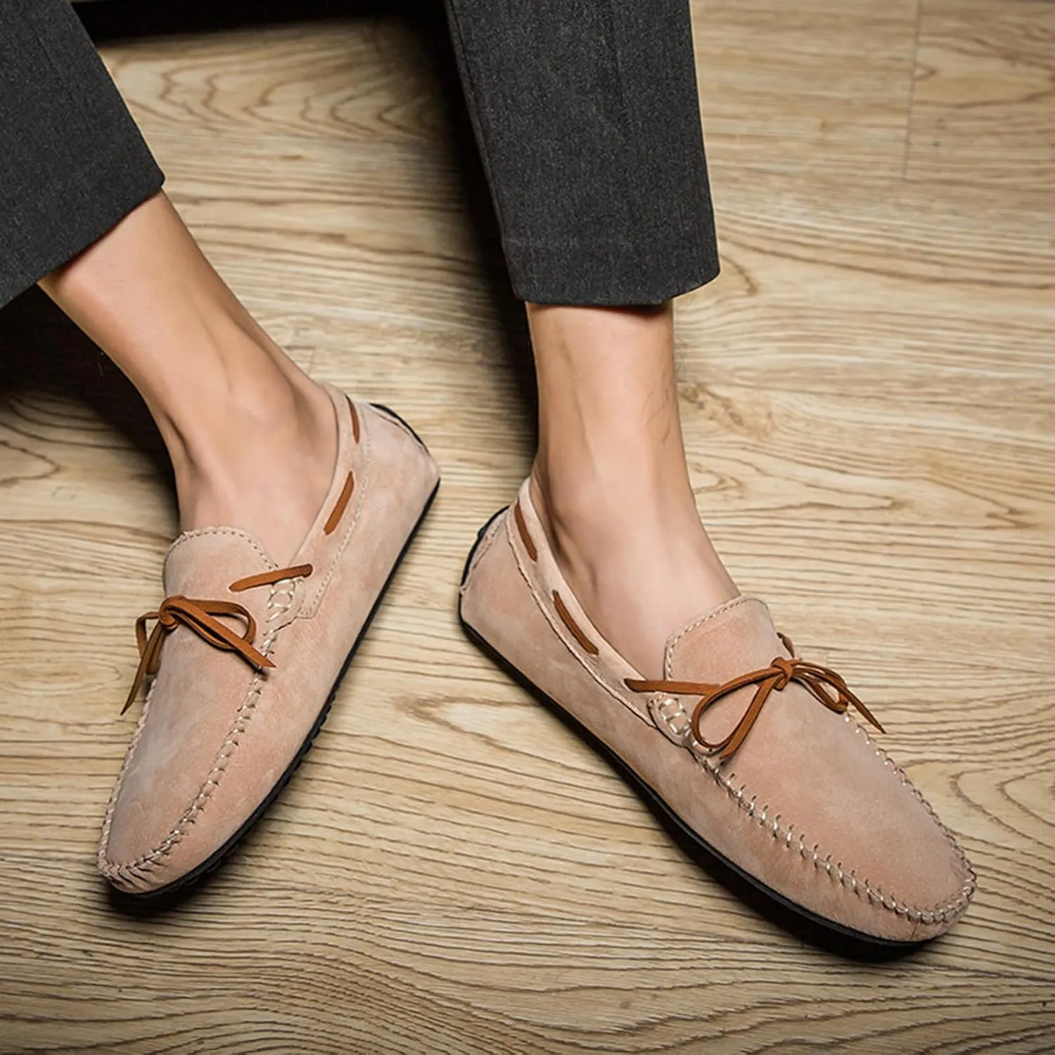 Men's Genuine Leather Moccasins Penny Loafers Casual Lace Up Slip On Gommino Flat Driving Shoes Comfort Dress Boat Shoes