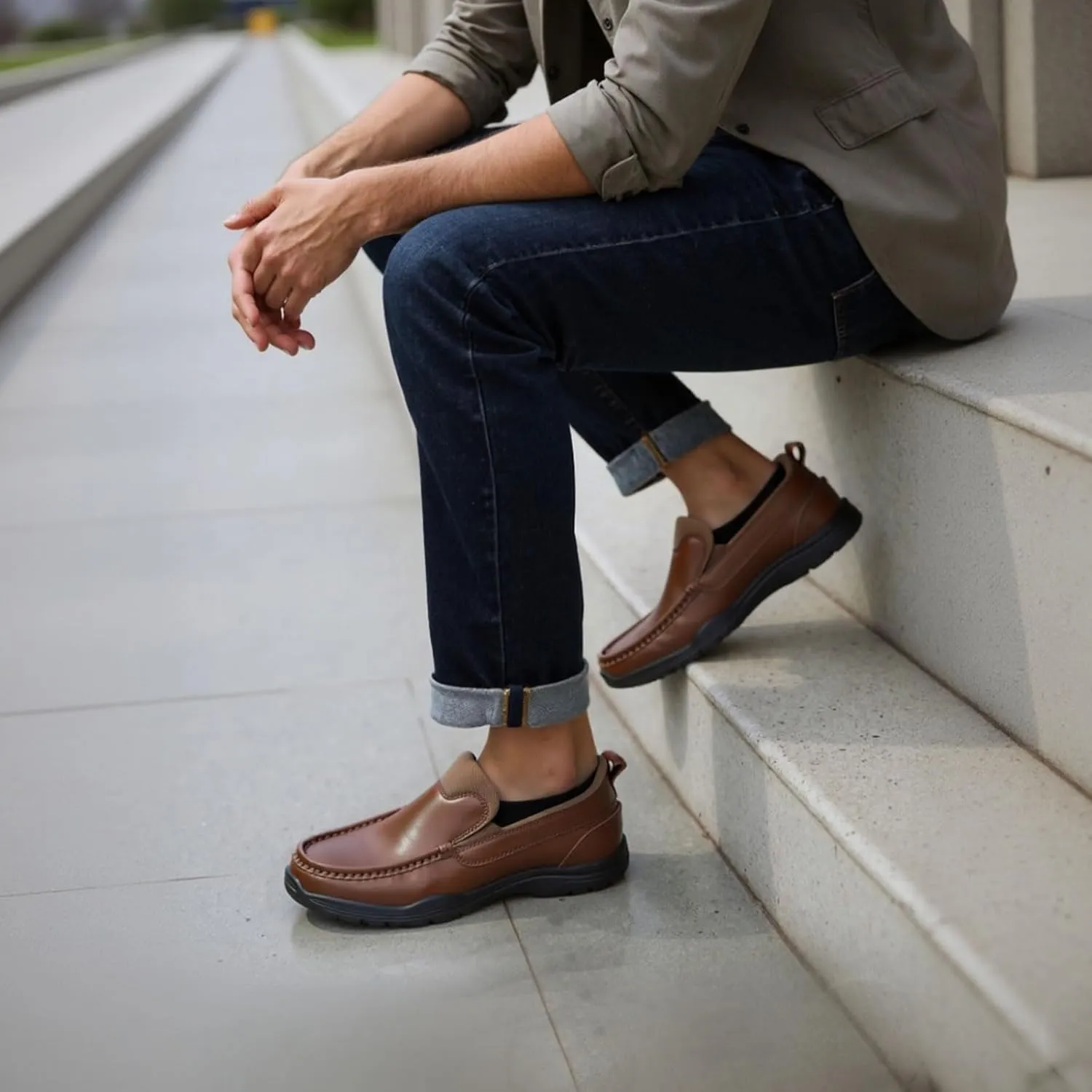 Men's Hands Free Slip On Leather Loafers Casual Walking Shoes with Breathable Comfort