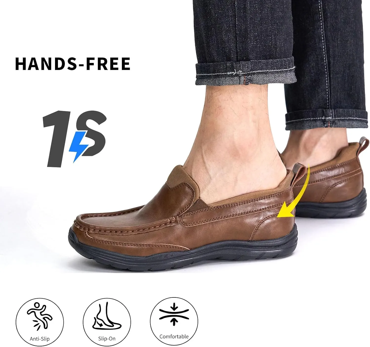 Men's Hands Free Slip On Leather Loafers Casual Walking Shoes with Breathable Comfort