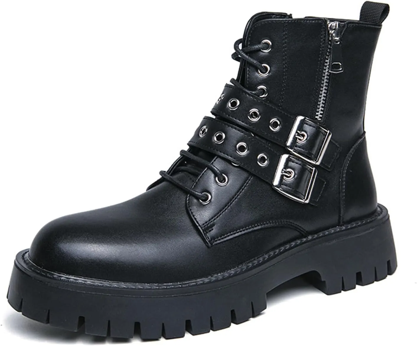 Men's Leather Platform Motorcycle Boots with Double Zipper Fashion Double Buckle Lug Sole Combat Boots Flexible Outdoor Riding Boots
