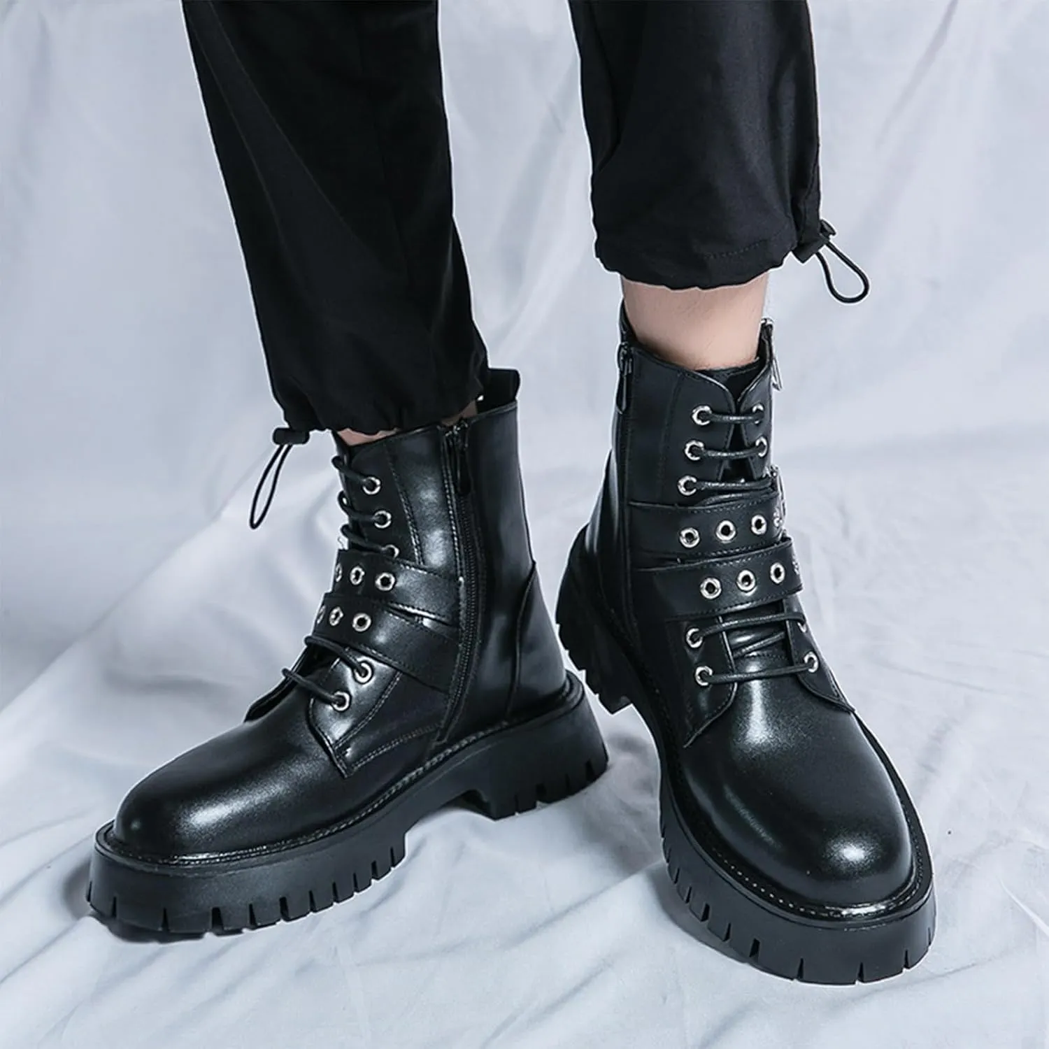Men's Leather Platform Motorcycle Boots with Double Zipper Fashion Double Buckle Lug Sole Combat Boots Flexible Outdoor Riding Boots