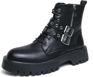 Men's Leather Platform Motorcycle Boots with Double Zipper Fashion Double Buckle Lug Sole Combat Boots Flexible Outdoor Riding Boots