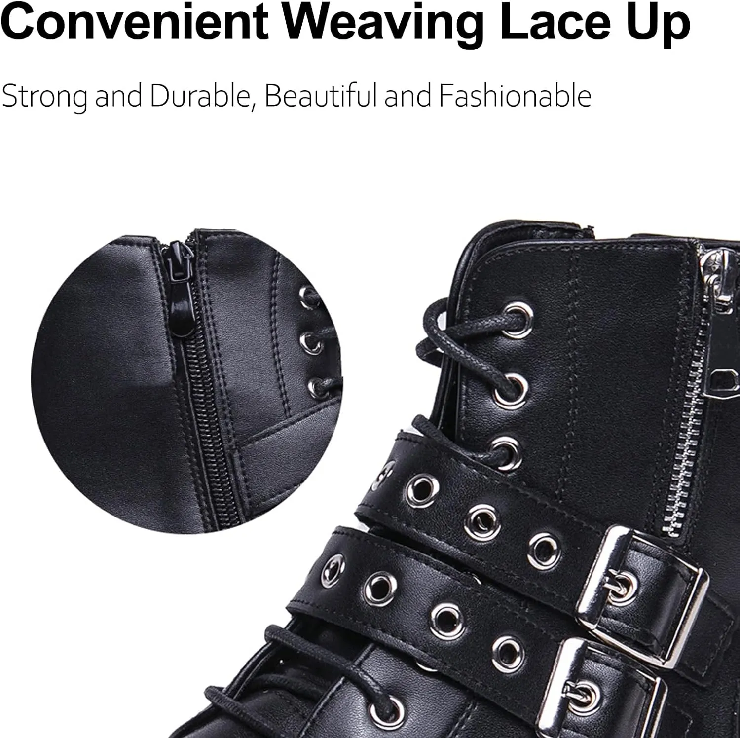 Men's Leather Platform Motorcycle Boots with Double Zipper Fashion Double Buckle Lug Sole Combat Boots Flexible Outdoor Riding Boots