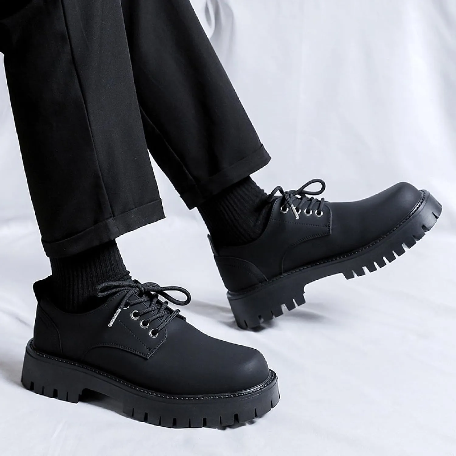 Men's Leather Platform Penny Loafers Classic Round Toe Comfort Slip On Heightening Chunky Heel Lug Sole Dress Oxfords Work Office Business Derby Shoes