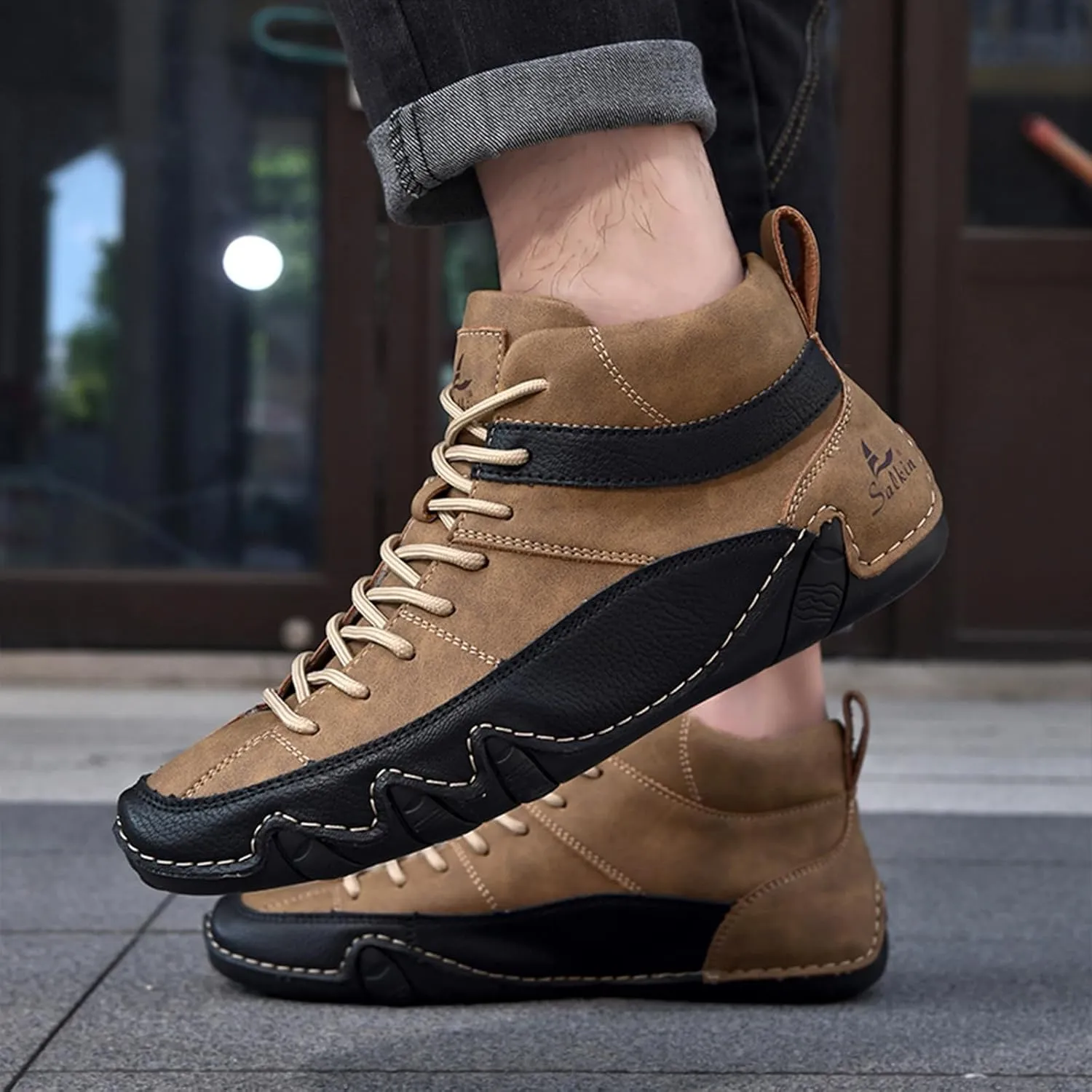 Men's Lightweight Handmade High Top Chukka Boots - Soft Leather Lace-Up Ankle Boots for Driving Hiking & Walking - Non-Slip Dress Sneakers All Season Casual