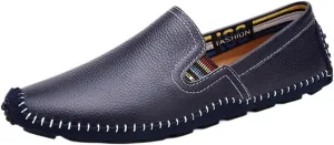 Mens Loafers Shoe Stitching Details Genuine Leather Elastic Side Flat Heel Flexible Lightweight Casual Slip-ons