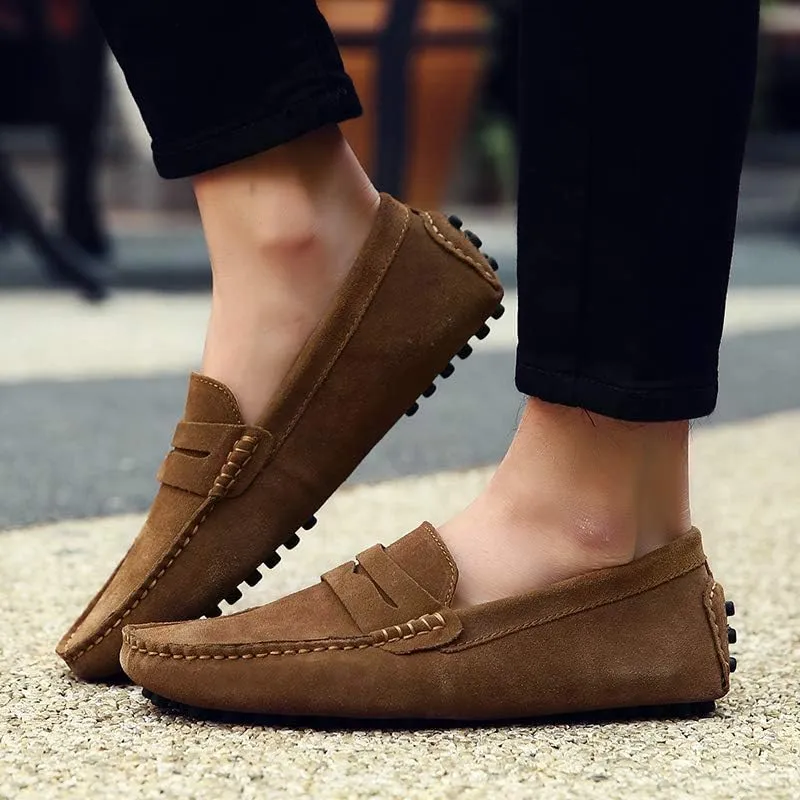 Men's Suede Leather Penny Loafers, Casual Driving Moccasins, Slip-On Boat Shoes,Big Sizes