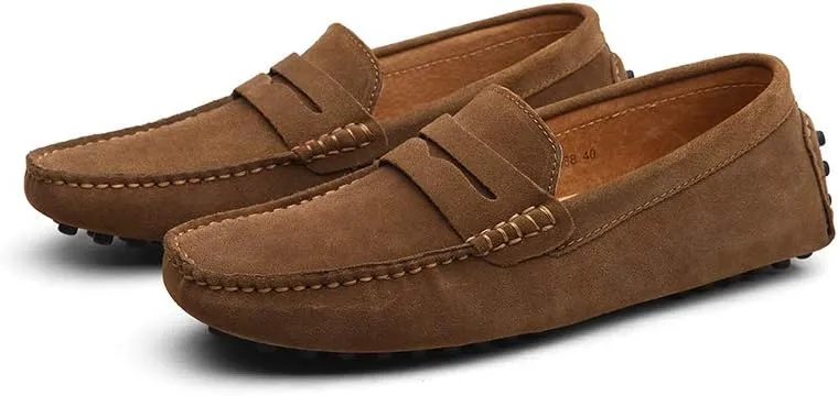 Men's Suede Leather Penny Loafers, Casual Driving Moccasins, Slip-On Boat Shoes,Big Sizes
