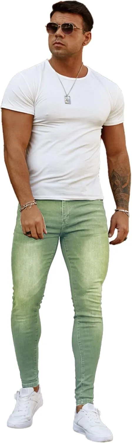 Men's Super Skinny Stretch Tapered Leg Slim Fit Ripped Distressed Jeans…